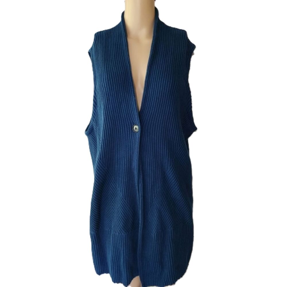 Belford 100% Pima Cotton Ribbed Sleeveless Cardigan Vest Blue - XL